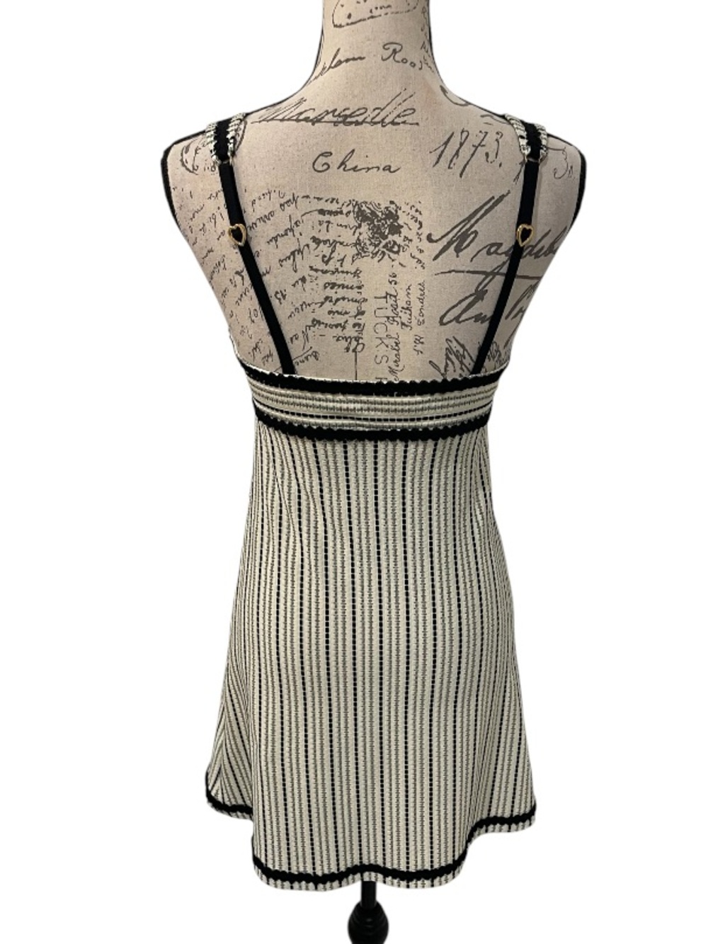 Betsey Johnson XS Small Pinstripe Slip Dress Crochet Trim Heart Hardware Y2K - Picture 6 of 11